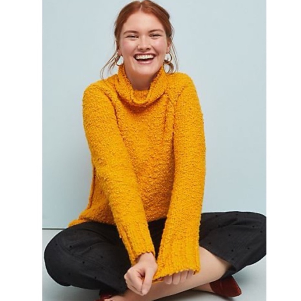 Moth Anthropologie Juliette‎ Boucle Turtleneck Sweater Mustard Yellow Large